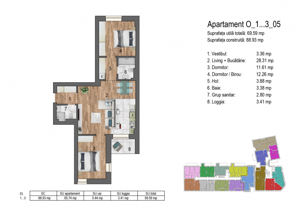 Apartament cu 3 camere de vanzare in Zona Timpuri Noi bloc nou